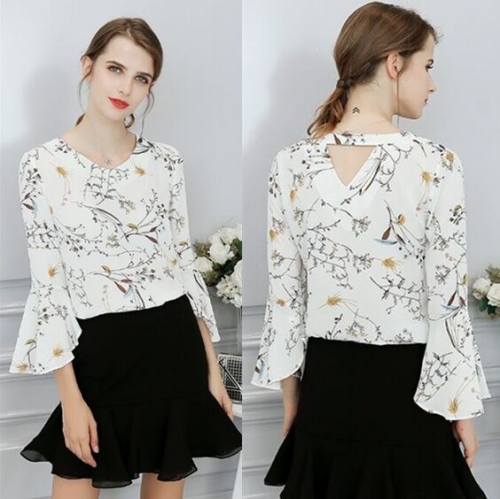 UNM~Women's Sleeve loose printing V-neck chiffon Shirt