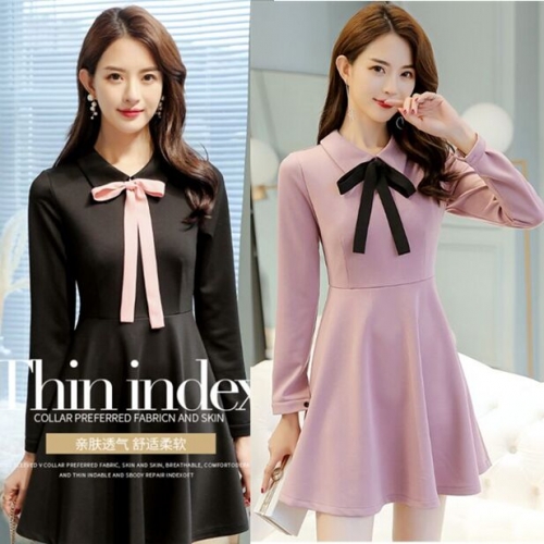 UNM~Women's Hit color bow collar long sleeve pleated Dress