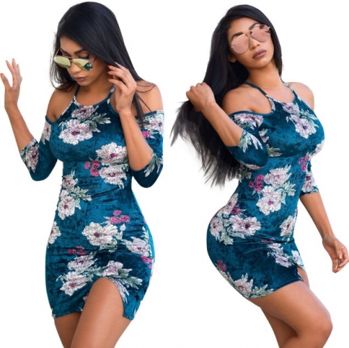 UNM~Women's Sexy velvet printed strapless long-sleeved Dress