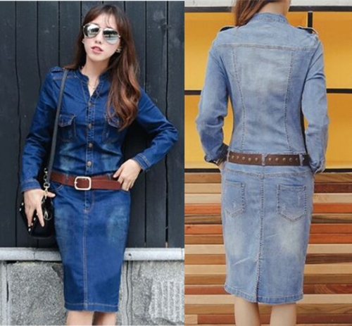 UNM~Women's V collar shoulder stretch denim Dress