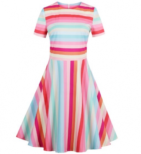 UNM~Women's striped round neck big short-sleeved Dress