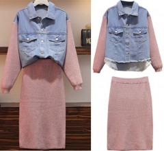 152216#Denim Jacket + Knit Skirt Suit