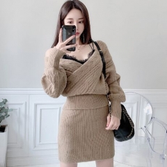 153087#Sweater Bloue+Skirt 2pcs suit