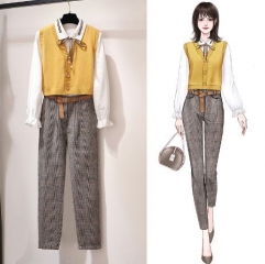 151341#4pcs Suit Knitted Vest + Shirt + Pants+Belt