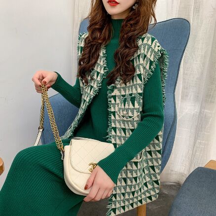 37RZ1055#Sweater Dress+Vest suit