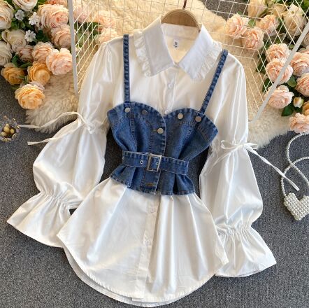 162421#Shirt+Denim Sling  2pcs  set