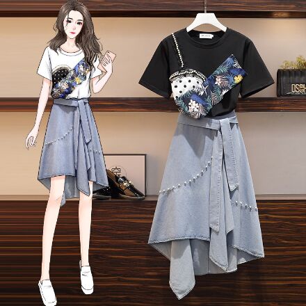 162276#T shirt +Denim Skirt Suit