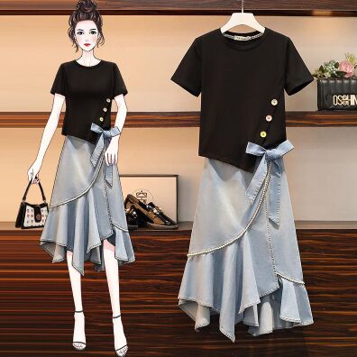 169796#T shirt +Denim Skirt Suit