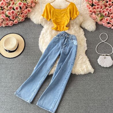 161676#T shirt +Denim Pants Suit