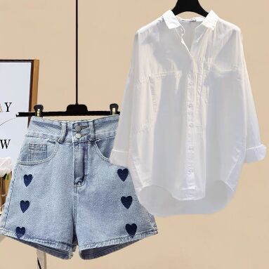 White shirt+Denim shorts 2pcs set