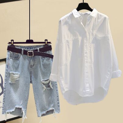 White shirt+Denim shorts 2pcs set