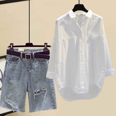 White shirt+Denim shorts 2pcs set