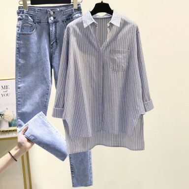 Blue Shirt+Denim Pants 2pcs Set