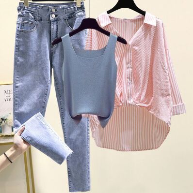 Pink Shirt+Blue Vest+Pants 3pcs Set