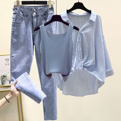 Blue Shirt+Denim Pants 2pcs Set