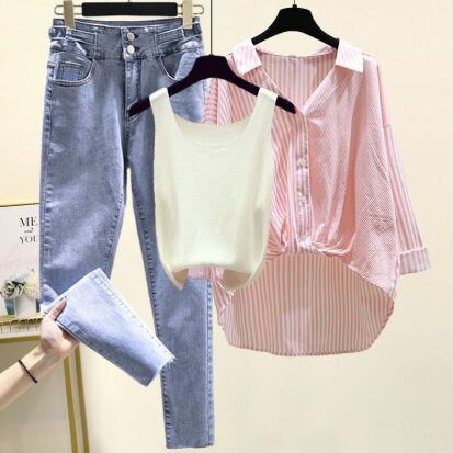 Pink Shirt+White Vest+Pants 3pcs Set