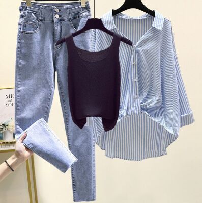 Blue Shirt+Black Vest+Pants 3pcs set