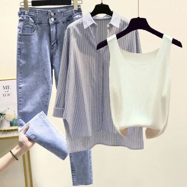 Blue Shirt+White Vest+Pants 3pcs Set