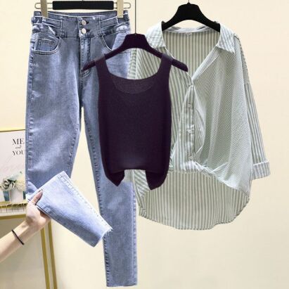 Green Shirt+Denim Pants 2pcs Set