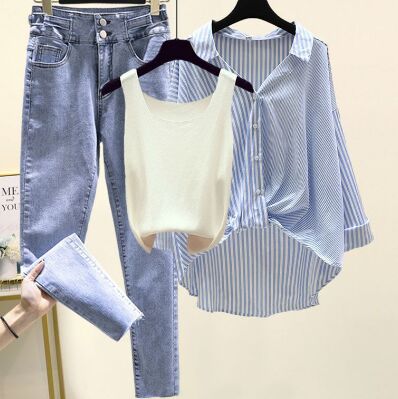 Blue Shirt+White Vest+Pants 3pcs Set