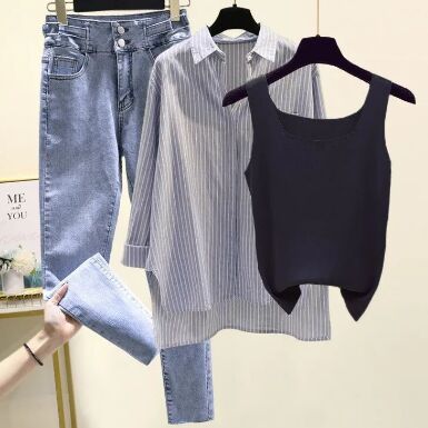 Blue Shirt+Black Vest+Pants 3pcs set