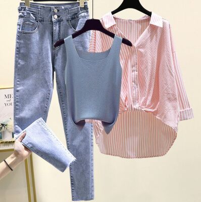 Pink Shirt+Denim Pants 2pcs Set