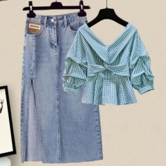 161213#Shirt+Denim Skirt 2pcs suit