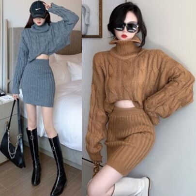 163684#knitted Top+Skirt 2pcs suit