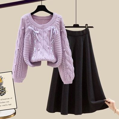 162957#knitted Sweater +Skirt 2pcs suit