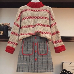 161570#knitted Sweater +Skirt 2pcs suit