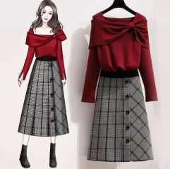 166204#knitted Sweater +Skirt 2pcs suit