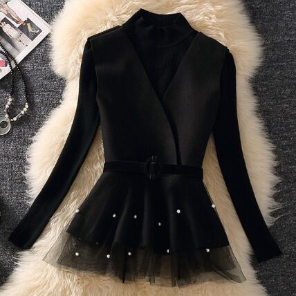 Black Vest+Black Sweater 2pcs suit