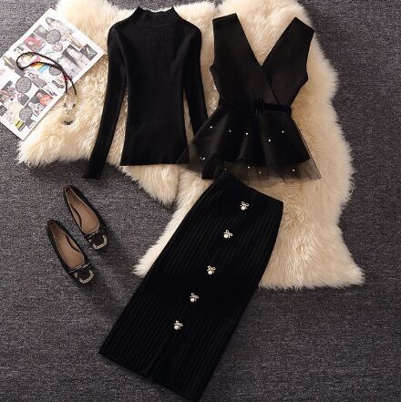 Black Vest+Black Sweater+Skirt 3pcs suit