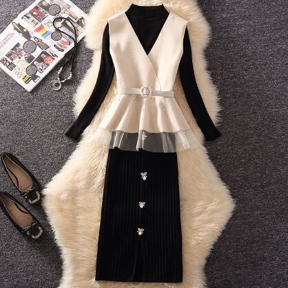 Apricot Vest+Black Sweater+Skirt 3pcs suit