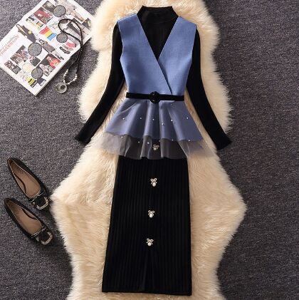 Blue Vest+Black Sweater+Skirt 3pcs suit