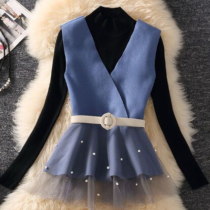 Blue Vest+Black Sweater 2pcs suit