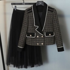 1866E1#Coat+Skirt Suit+Pu Belt Set