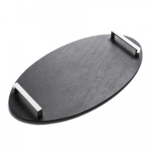 Slate Serving Tray With Metal Handles (oval）
