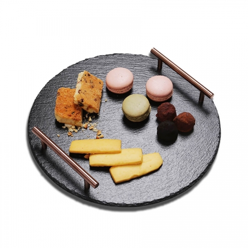 Slate Serving Tray With Metal Handles (Round)