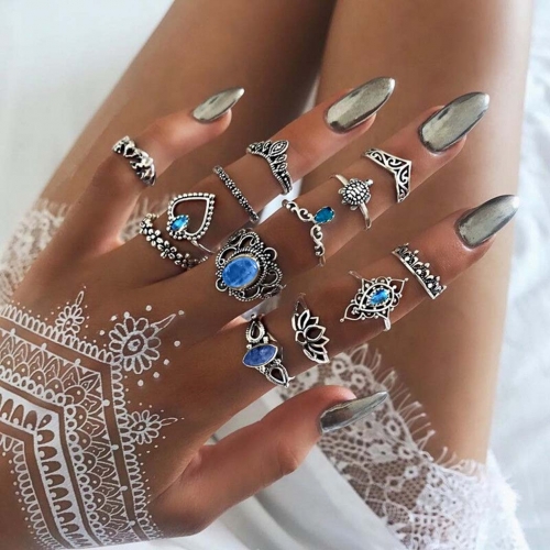 Edary Boho Rhinestone Joint Knuckle Ring Sets Silver Stackable Rings Lover Finger Rings for Women and Girls (13PCS)