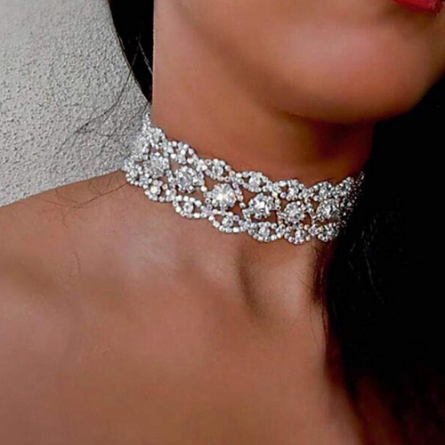 Bride Wedding Crystal Choker Necklace Silver Rhinestone Necklaces Delicate Jewelry for Women