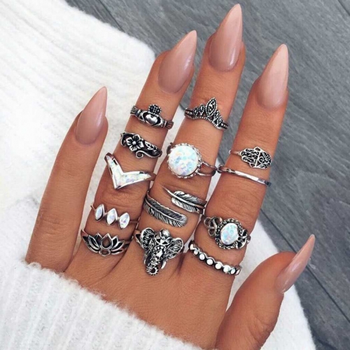 Edary Boho Finger Ring Sets Rhinestone Silver Joint Knuckle Rings Elephant Stackable Hand Jewelry for Women and Girls(13PCS)