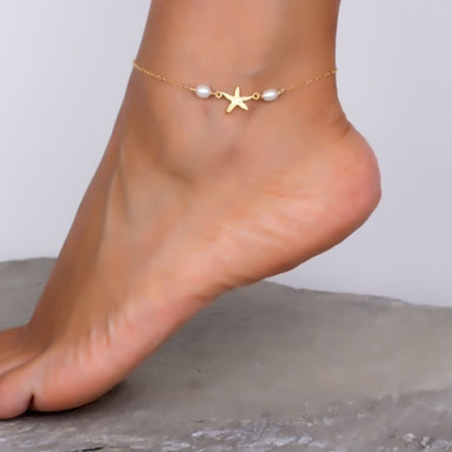 Zoestar Boho Pearl Anklets Chain Gold Starfish Ankle Bracelets Beach Adjustable Foot Jewelry for Women and Girls