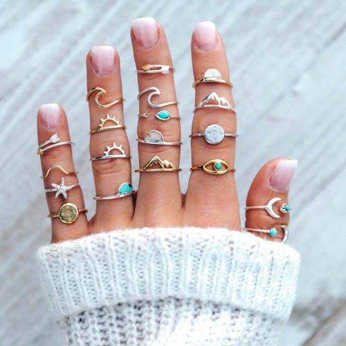 Edary Boho Finger Rings Turquoise Knuckle Joint Ring Sets Gold and SIlver Summer Beach Hand Accessories for Women and Girls(19PCS)