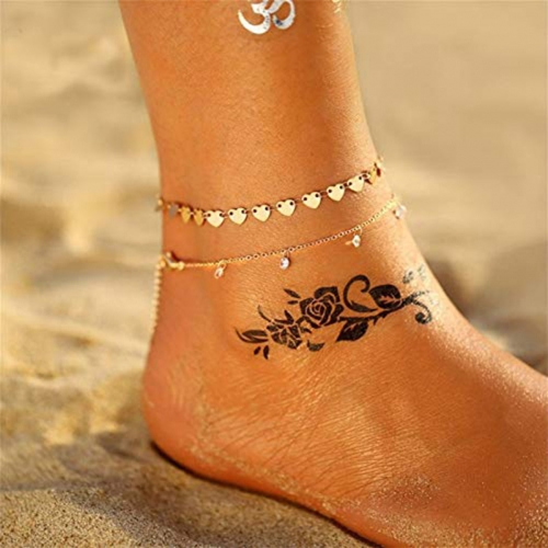 Zoestar Boho Sequins Anklets Gold Heart Ankle Bracelets Layered Crystal Foot Jewelry for Women and Girls