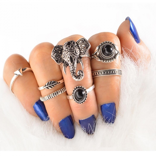 Edary Boho Finger Rings Silver Joint Ring Sets Elephant Hand Accessories for Women and Girls(7PCS)