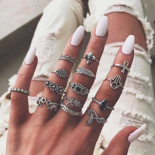 Edary Boho Finger Rings Silver Rhinestone Joint Knuckle Ring Sets Stackable Hand Jewelry for Women and Girls (14PCS)