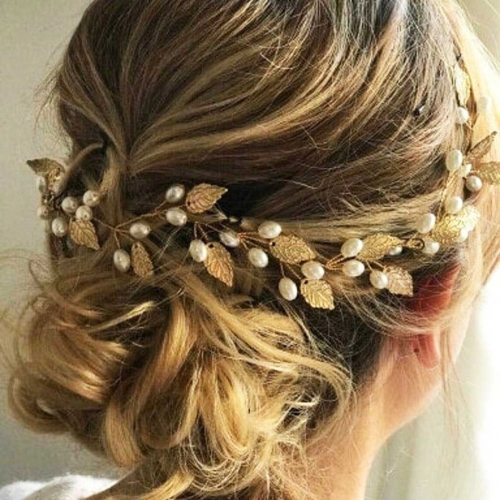 Unicra Pearl Bridal Hair Vine Gold Leaf Wedding Headband Hair Accessories Headpieces for Bride or Bridesmaids