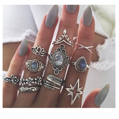 Edary Boho Flower Joint Knuckle Ring Sets Silver Rhinestone Stacking Rings Set Teardrop Hand Jewelry for Women and Girls(11PCS)