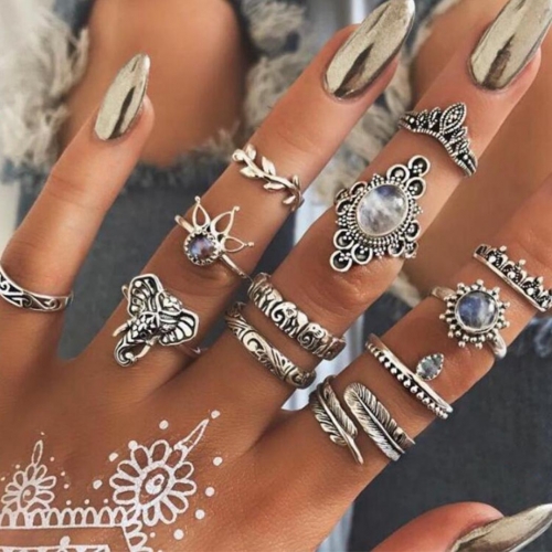 Edary Boho Joint Knuckle Ring Sets Silver  Multi Size Crystal Stacking Rings Mid Finger Rings for Women and Girls (12PCS)